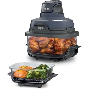 image:imageNinja Crispi Glass Air Fryer 4in1 Grey FN101GY  Max crisp bake air fry recrisp 450F max 4 Qt and 6 Cup containers PFASfree glassCyberspace Gray