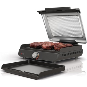 image:imageNinja GR101 Sizzle Smokeless Indoor Grill amp Griddle 14 Interchangeable Nonstick Plates DishwasherSafe Removable Mesh Lid 500F Max Heat Even EdgetoEdge Cooking GreySilver RenewedSizzle Indoor Grill  Griddle