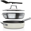 image:imageNinja CW102WH Foodi NeverStick PossiblePan Premium Set with 4Quart Capacity Pan SteamerStrainer Basket Glass Lid amp Integrated Spatula Nonstick Durable amp Oven Safe to 500F Vanilla BeanVanilla Bean