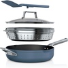 image:imageNinja CW102WH Foodi NeverStick PossiblePan Premium Set with 4Quart Capacity Pan SteamerStrainer Basket Glass Lid amp Integrated Spatula Nonstick Durable amp Oven Safe to 500F Vanilla BeanMacaron Blue