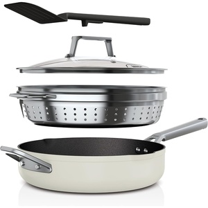 image:imageNinja CW102WH Foodi NeverStick PossiblePan Premium Set with 4Quart Capacity Pan SteamerStrainer Basket Glass Lid amp Integrated Spatula Nonstick Durable amp Oven Safe to 500F Vanilla BeanVanilla Bean