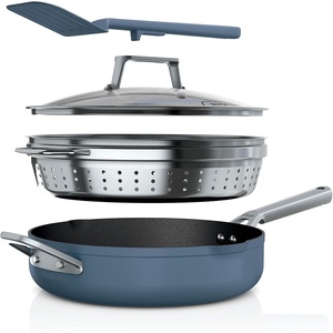 image:imageNinja CW102WH Foodi NeverStick PossiblePan Premium Set with 4Quart Capacity Pan SteamerStrainer Basket Glass Lid amp Integrated Spatula Nonstick Durable amp Oven Safe to 500F Vanilla BeanMacaron Blue