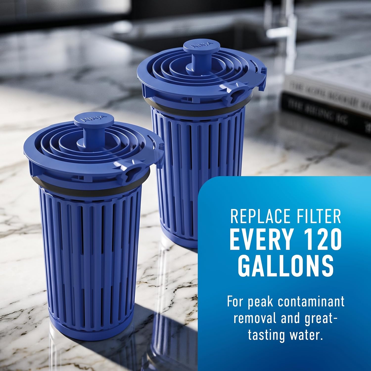 image:imageNinja HydraSense Intelligent Water Filtration System WF1001  Midnight Blue Filters 80 contaminants Personalized Filter Life Tracking No Installation Required Includes 6Month FilterFilter 2pack
